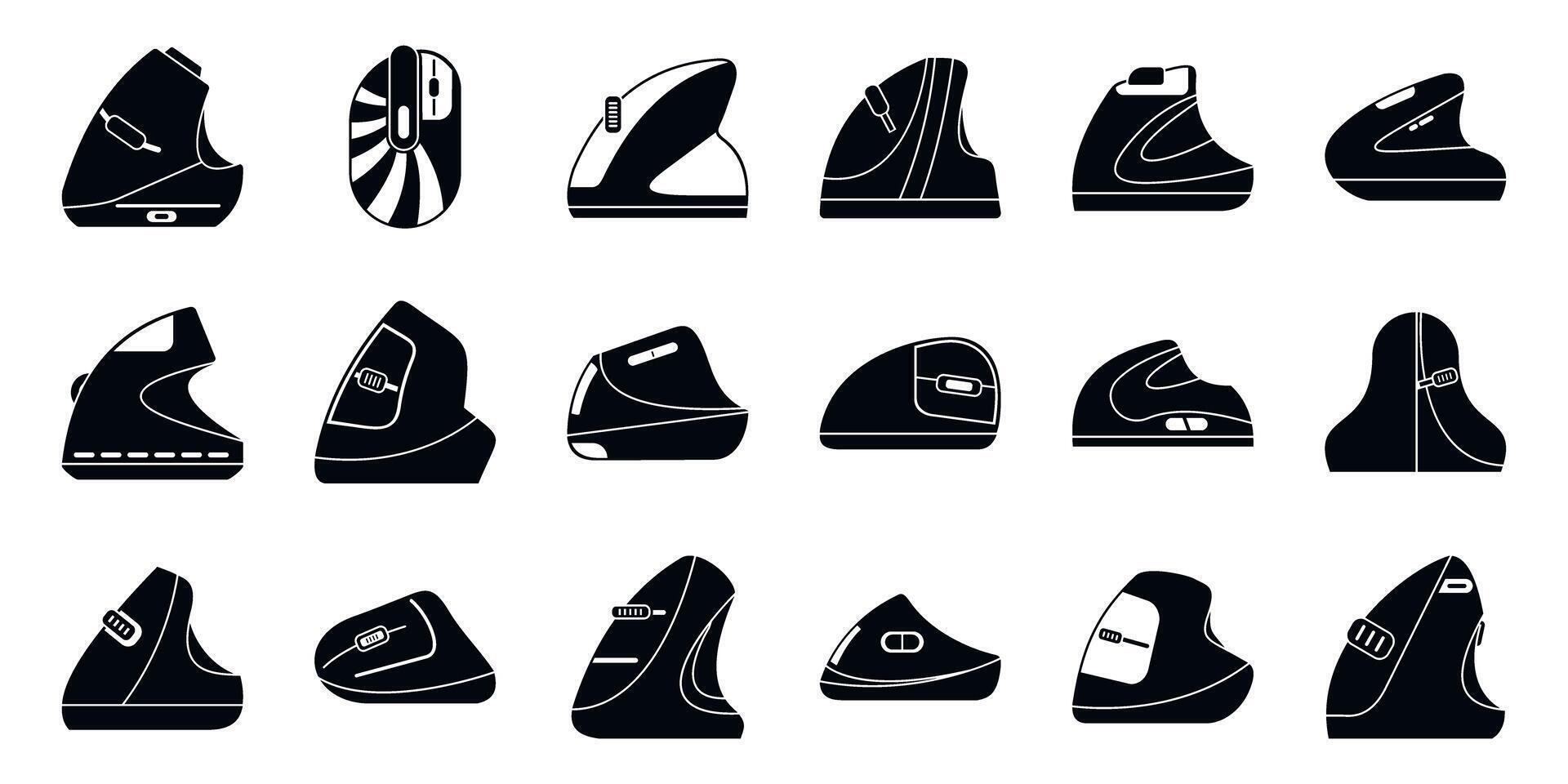 Vertical computer mouse icons set. Ergonomic computer mice promoting healthy wrist posture and preventing carpal tunnel syndrome vector