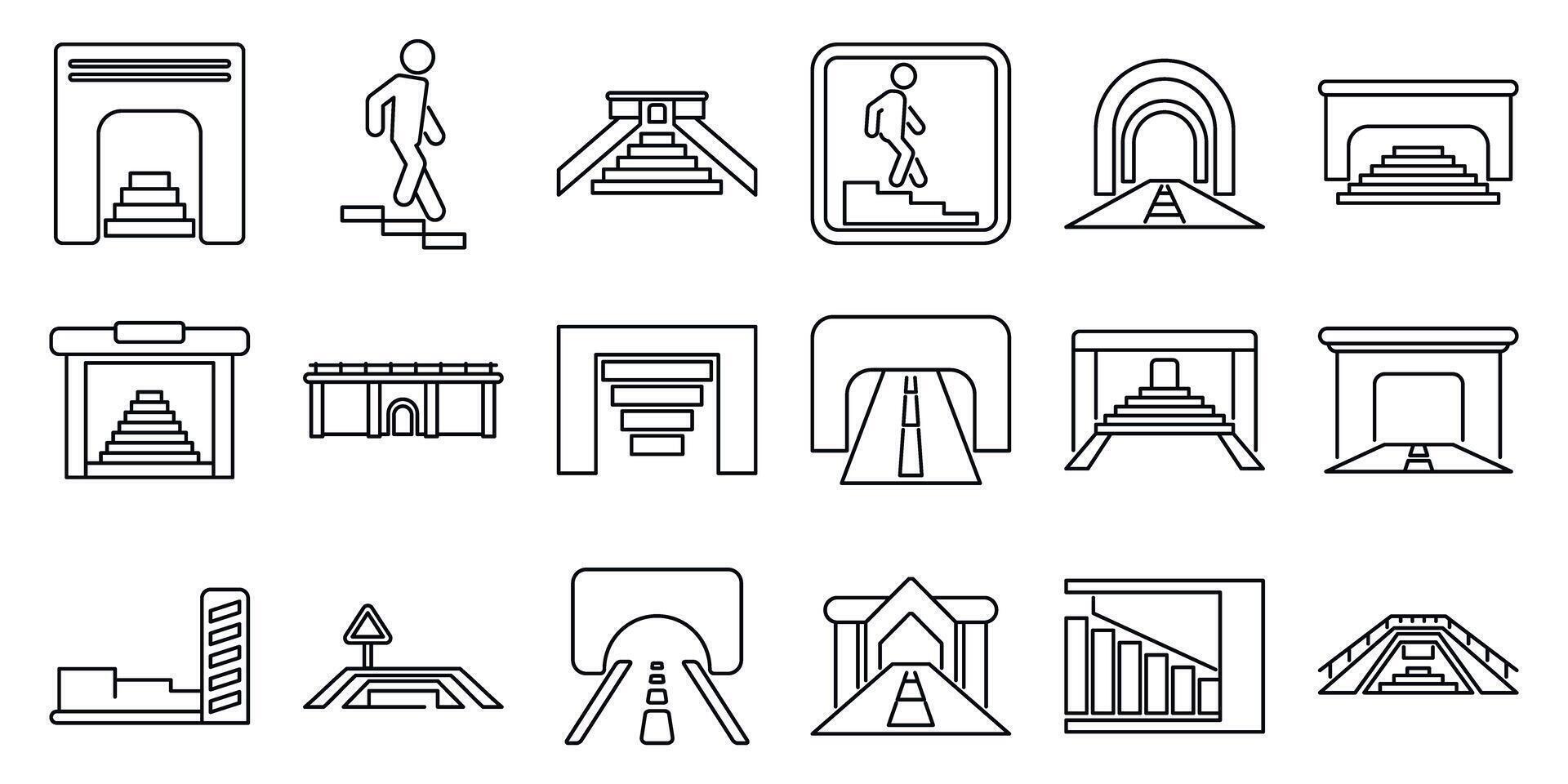 Underpass icons set. Underground passage and subway entrance icons showing people entering and exiting public transport vector