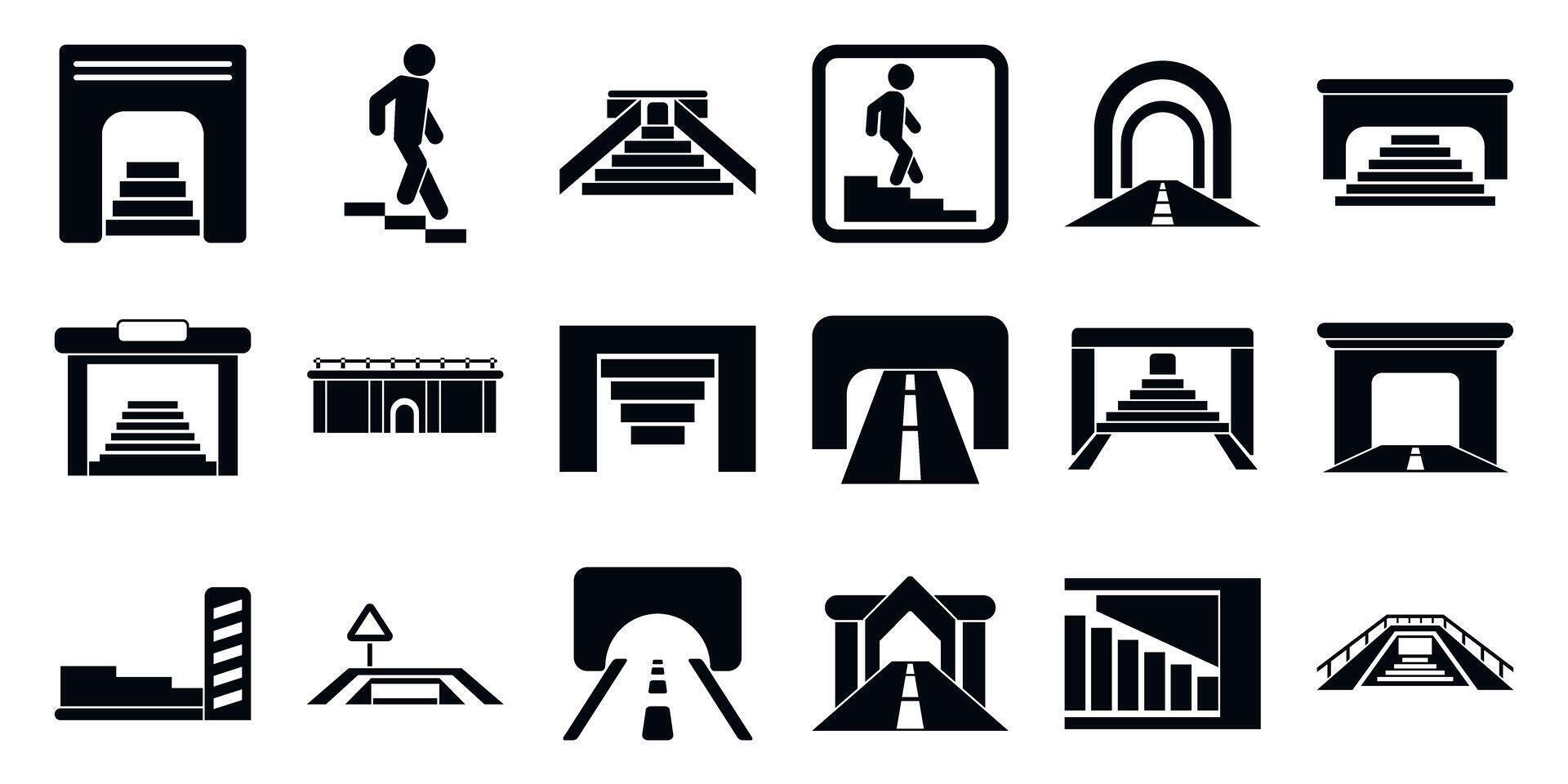 Underpass icons set. Underground crossing and tunnel entrance icons showing stairs, roads, and passageways vector
