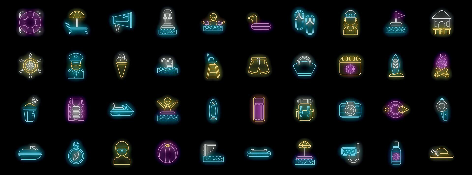 Neon summer icons representing various activities and items enjoyed during vacation vector