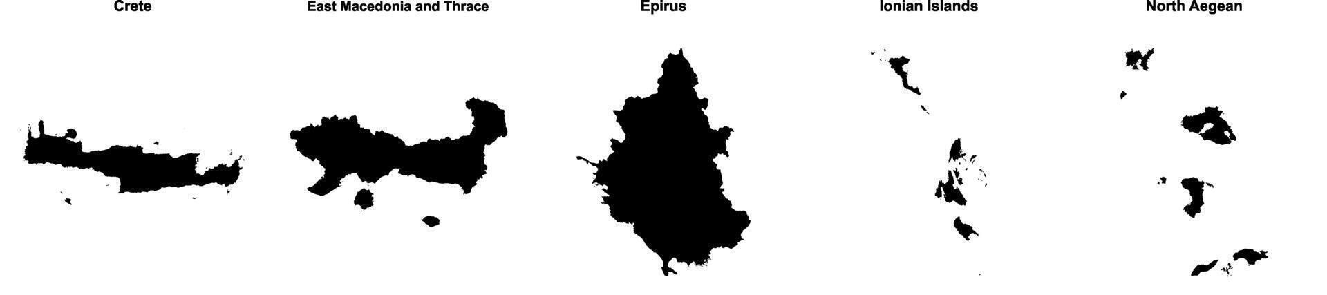 Crete, East Macedonia and Thrace, Epirus, Ionian Islands, North Aegean outline maps vector