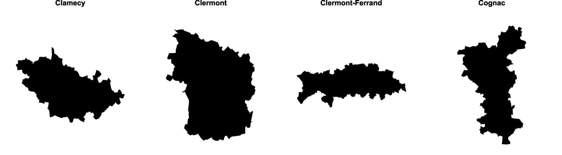 Clamecy, Clermont, Clermont Ferrand, Cognac outline maps vector