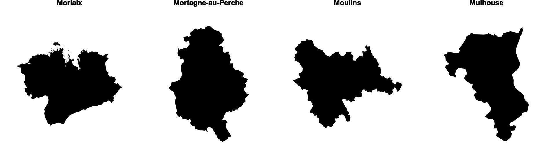 Morlaix, Mortagne au Perche, Moulins, Mulhouse outline maps vector