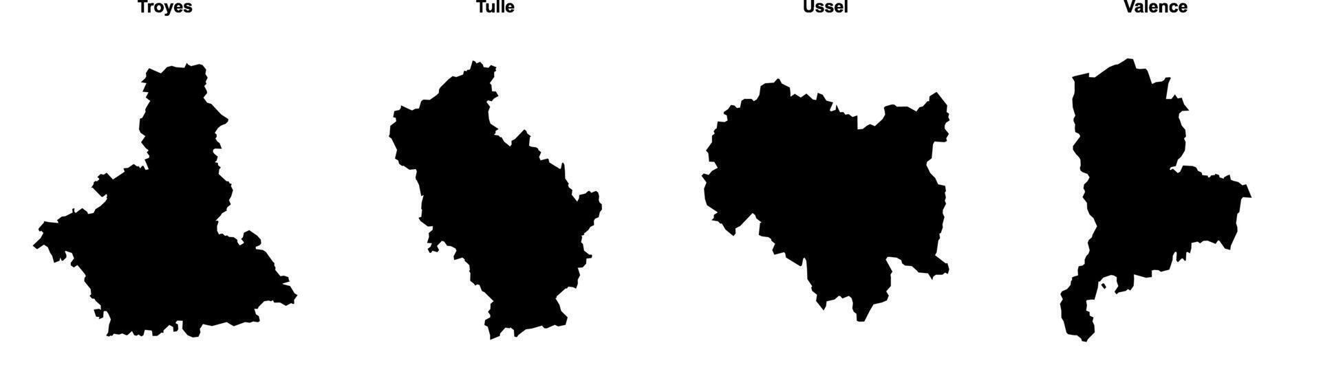 Troyes, Tulle, Ussel, Valence outline maps vector