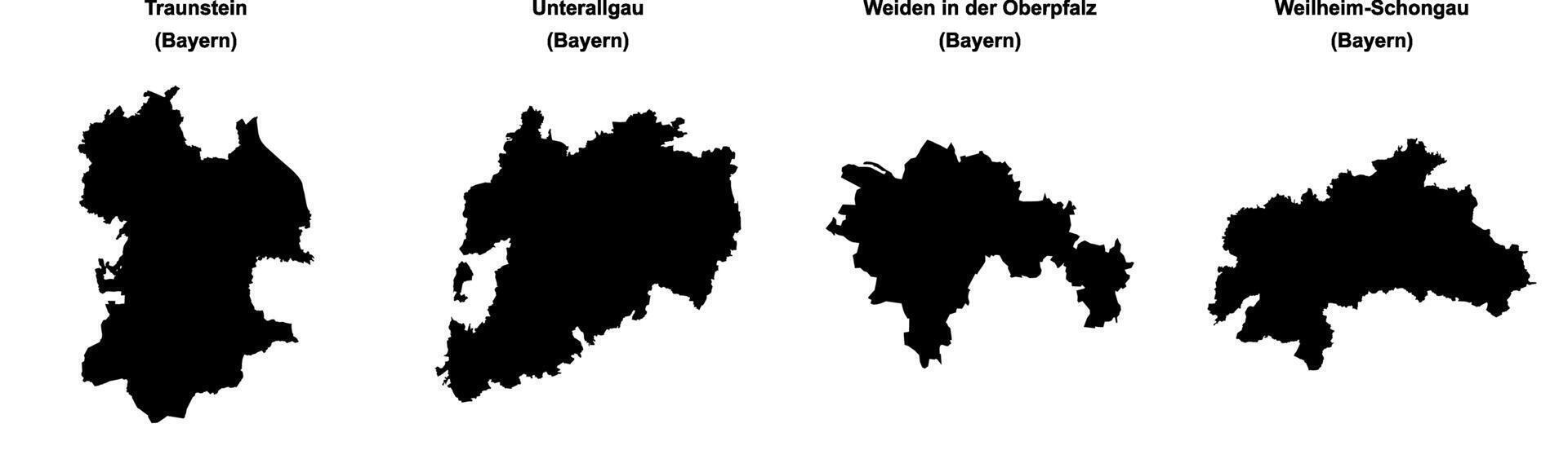 Traunstein, Unterallgau, Weiden in der Oberpfalz, Weilheim Schongau outline maps vector
