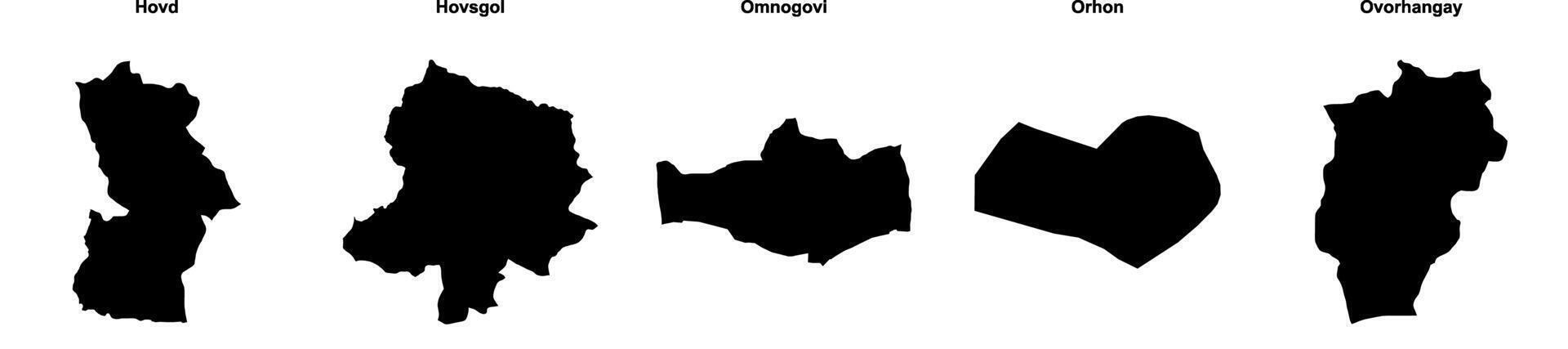 Hovd, Hovsgol, Omnogovi, Orhon, Ovorhangay outline maps vector