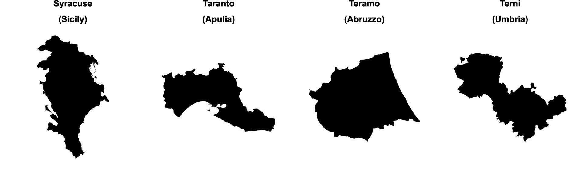 Syracuse, Taranto, Teramo, Terni outline maps vector