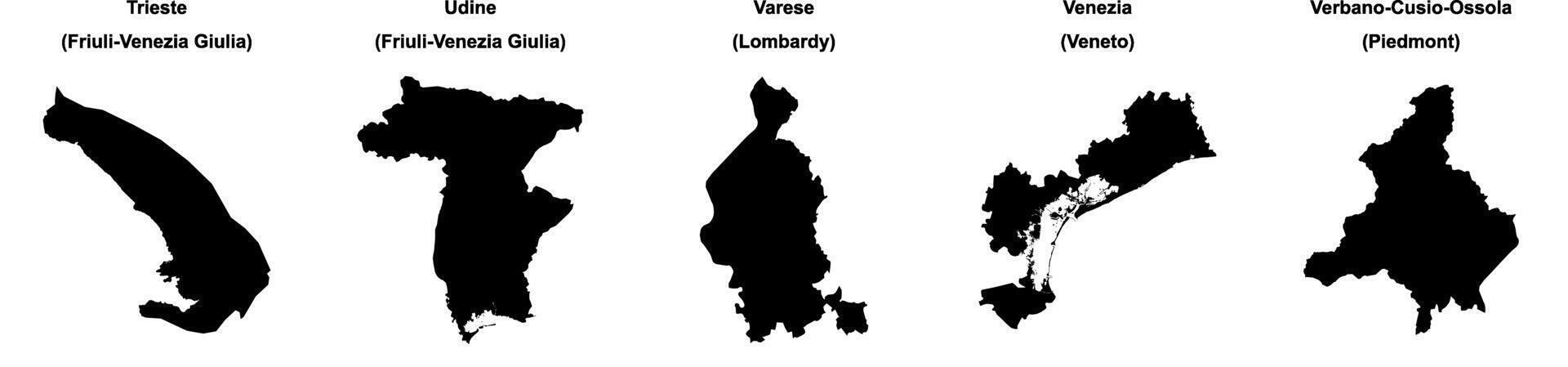 Trieste, Udine, Varese, Venezia, Verbano Cusio Ossola outline maps vector