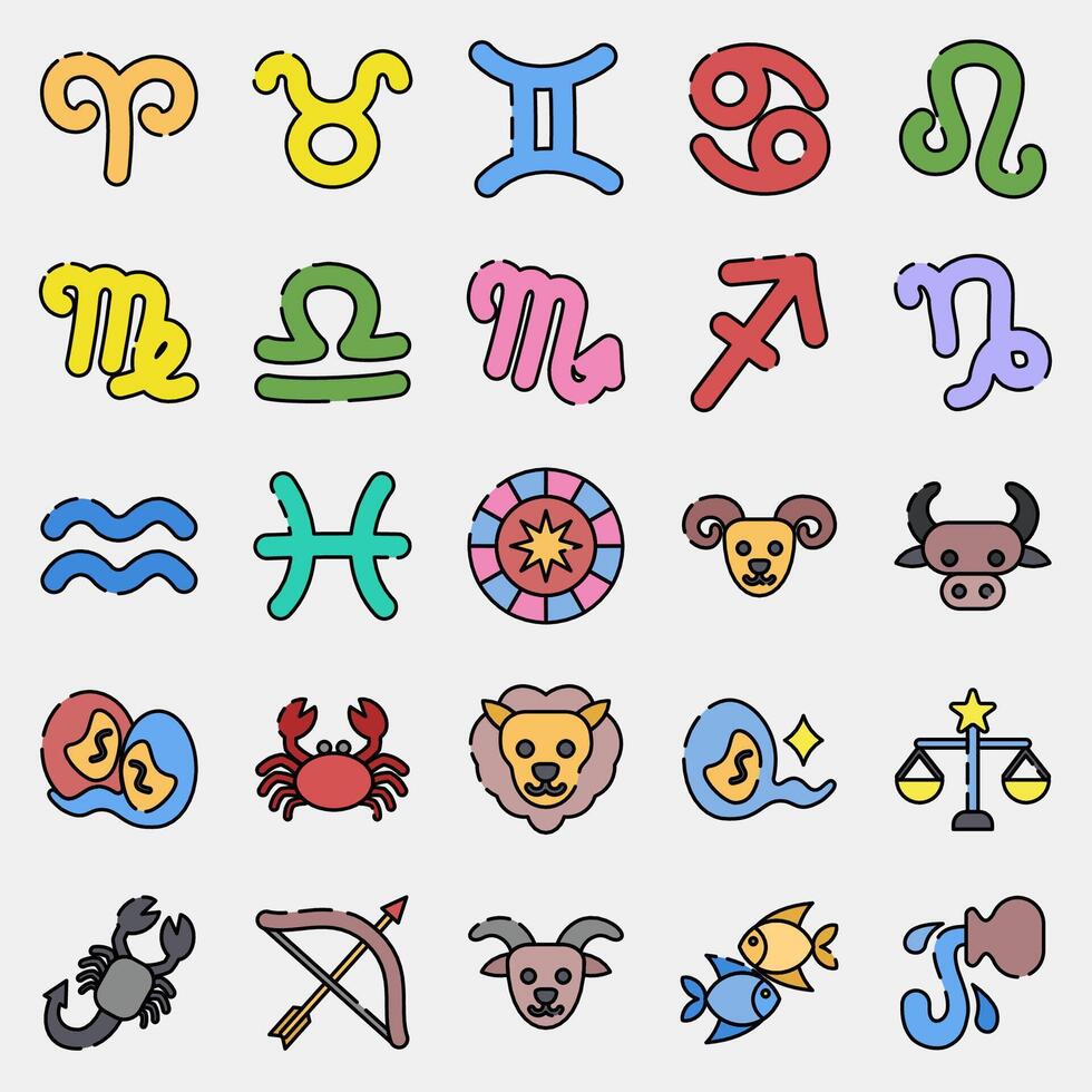 Icon set of zodiac horoscope. Zodiac horoscope elements. Icon in filled line style. vector