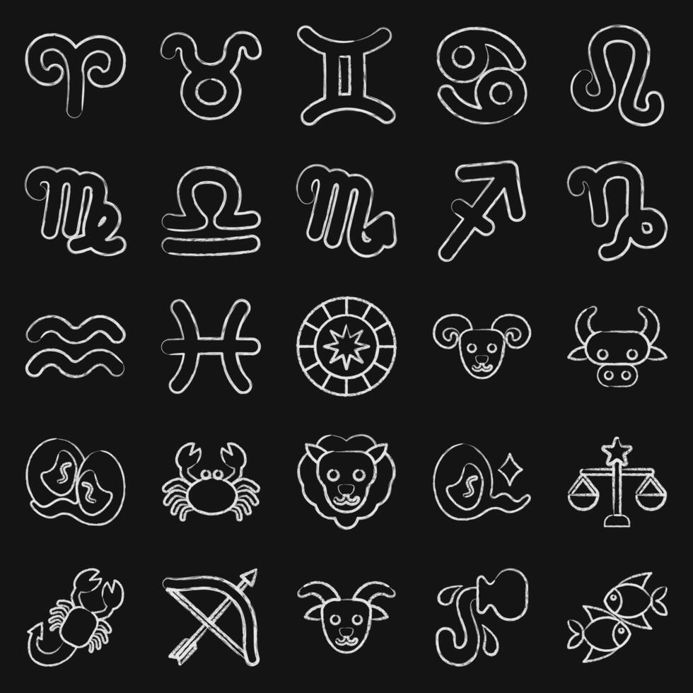 Icon set of zodiac horoscope. Zodiac horoscope elements. Icon in chalk style. vector