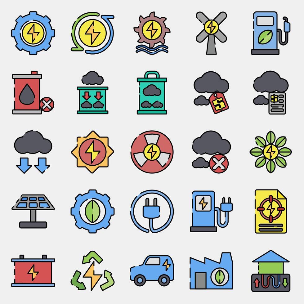 Icon set of renewable energy. Renewable energy elements. Icon in filled line style. vector
