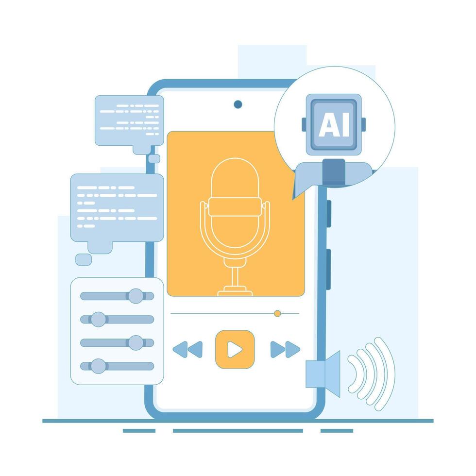 AI podcast generator concept. recording audio podcasts. audio listened to on a smartphone. AI automatically generates podcast episodes. platforms, and fans. design illustration. vector