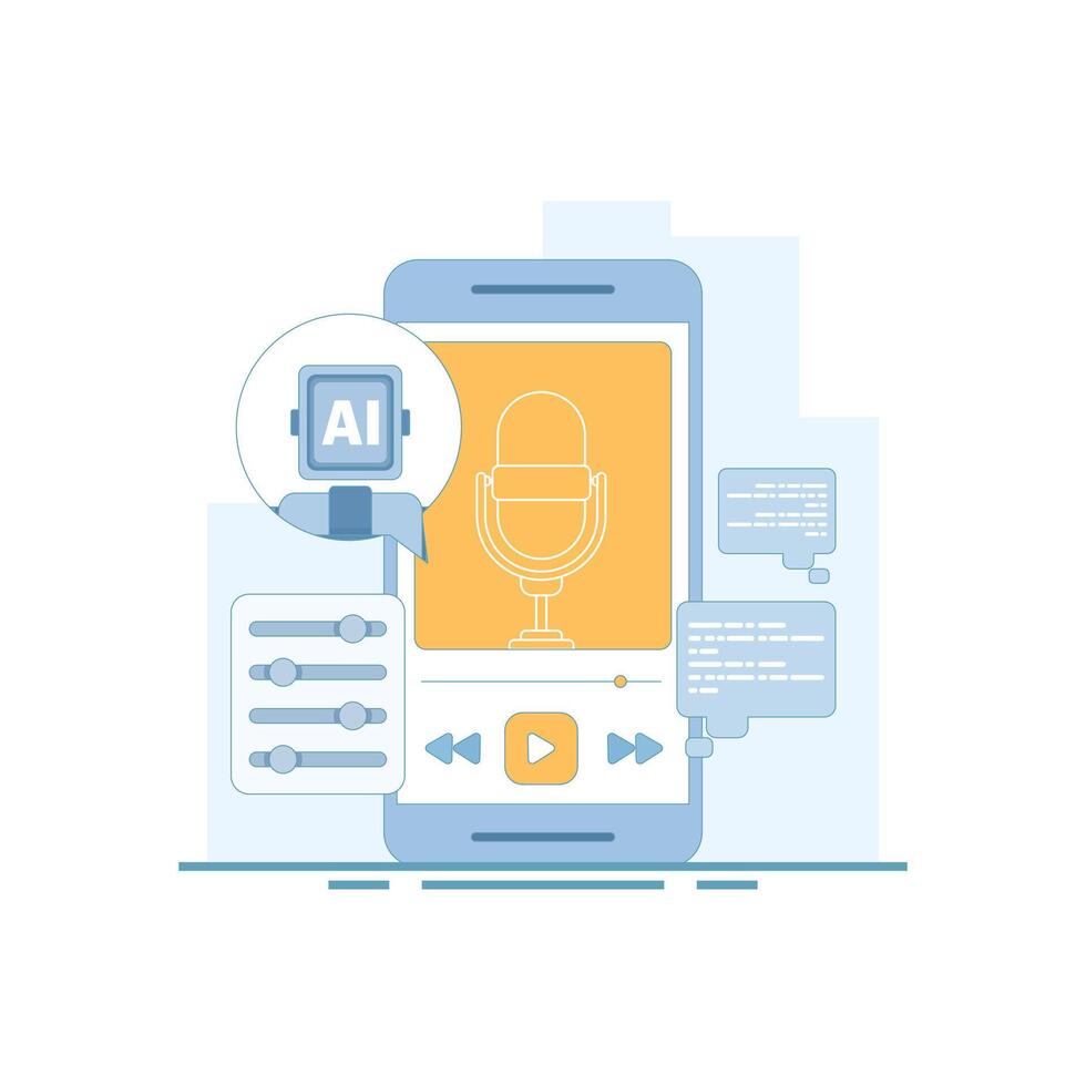 AI podcast generator concept. recording audio podcasts. audio listened to on a smartphone. AI automatically generates podcast episodes. platforms, and fans. flat illustration. vector