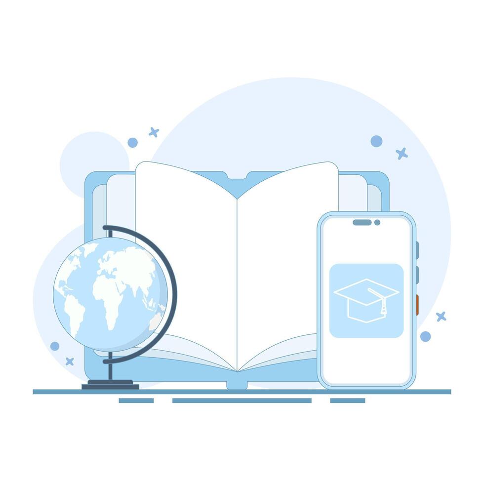 Online education concept, Learning and education, learning and taking online courses. Open book with smartphone, E-learning concept, knowledge and skills improvement. Flat style design. vector