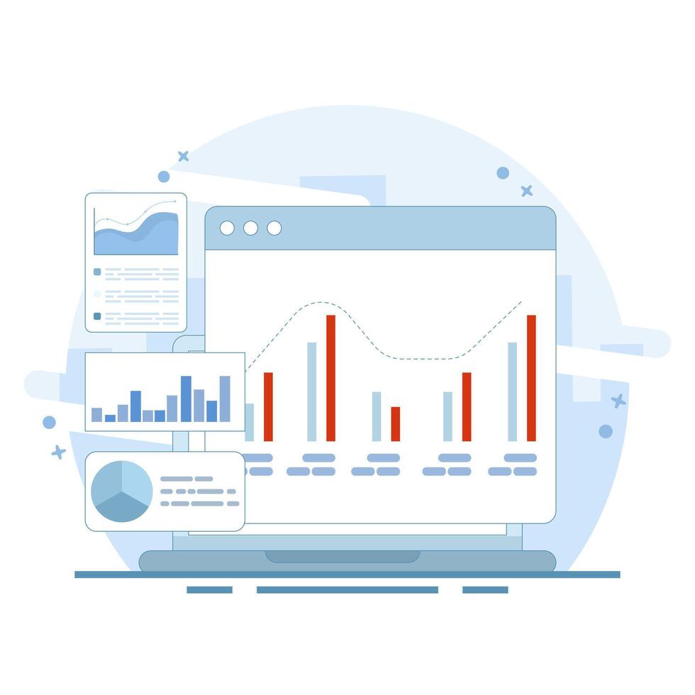 Data analysis concept diagram. data analysis and monitoring on web report dashboard. diagram on monitor. monitor and business investment concept. pie curve diagram. flat cartoon style design. vector