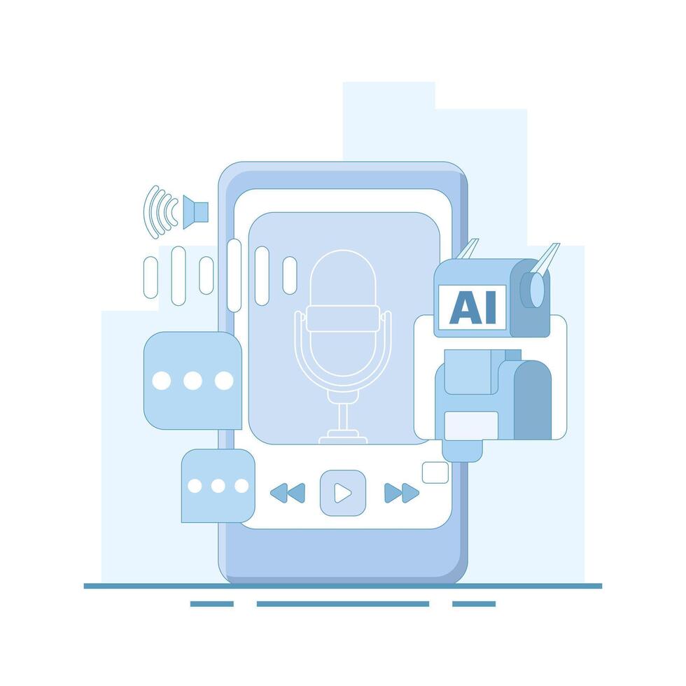 AI podcast generator concept. recording audio podcasts. audio listened to on a smartphone. AI automatically generates podcast episodes. platforms, and fans. flat design illustration. vector