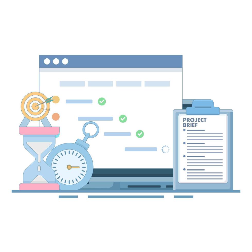 Project Management Concept or Managing a project. strategic plan to manage resources for development, software development planning, gantt chart for work deadlines. flat style illustration. vector
