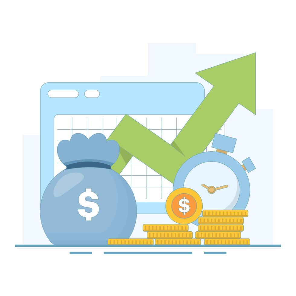 Savings and investment concept, prosperity, Investment Grows with Money Bag. long term investment. Wealth Grows with Dollar Coins, Money Bag. flat design illustration in background. vector