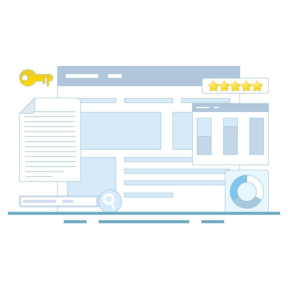 Keyword analysis concept, keyword research tools. Keyword competition analysis. Most searched keywords. SEO keywords dominate search engine result pages. Flat cartoon design illustration. vector