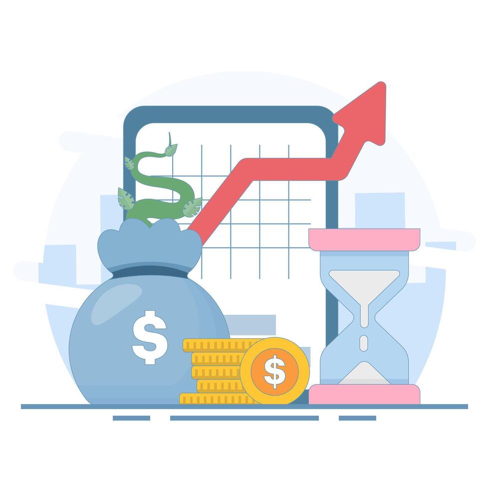 Savings and investment concept, prosperity, Investment Grows with Money Bag. long term investment. Wealth Grows with Dollar Coins, Money Bag. flat design in background. vector