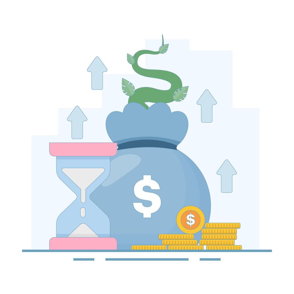 Savings and investment concept, prosperity, Investment Grows with Money Bag. long term investment. Wealth Grows with Dollar Coins, Money Bag. flat illustration on background. vector