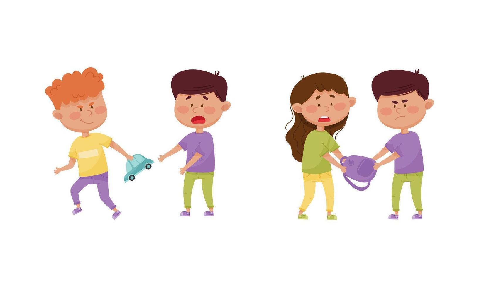 Warring Boy with Offensive Behavior Insulting Agemate Taking Away Backpack and Toy Car Set vector
