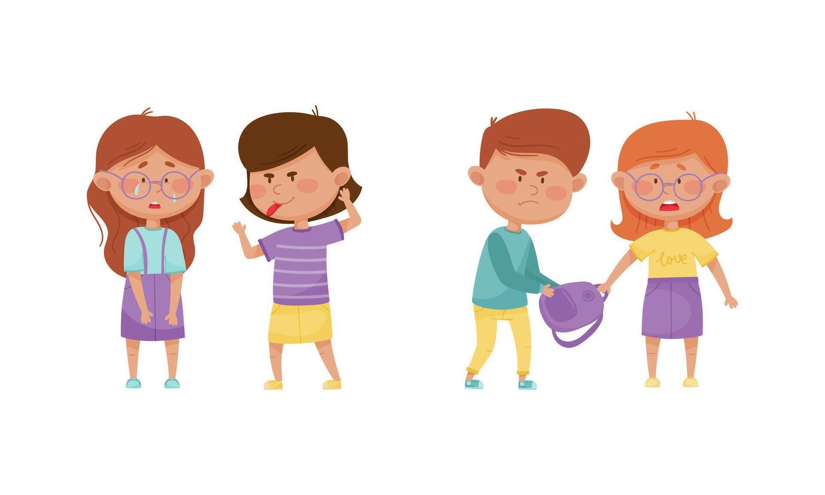 Warring Boy and Girl with Offensive Behavior Insulting Agemate Teasing and Taking Away Backpack Set vector