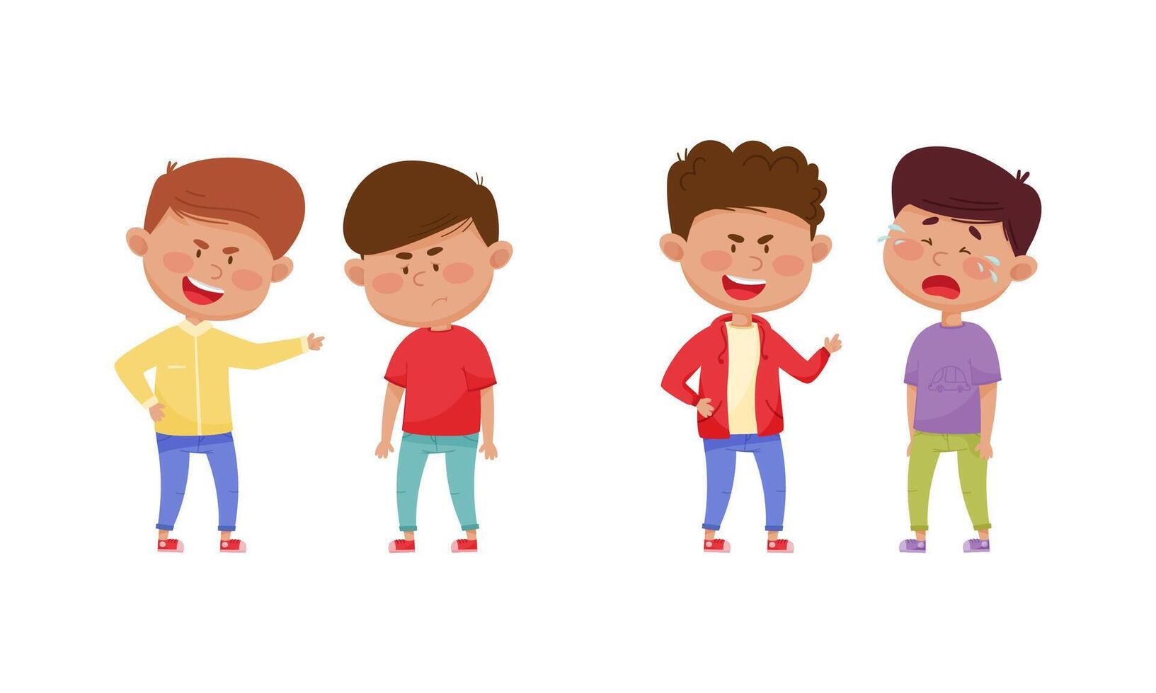 Warring Boy with Offensive Behavior Insulting Crying Agemate Set vector