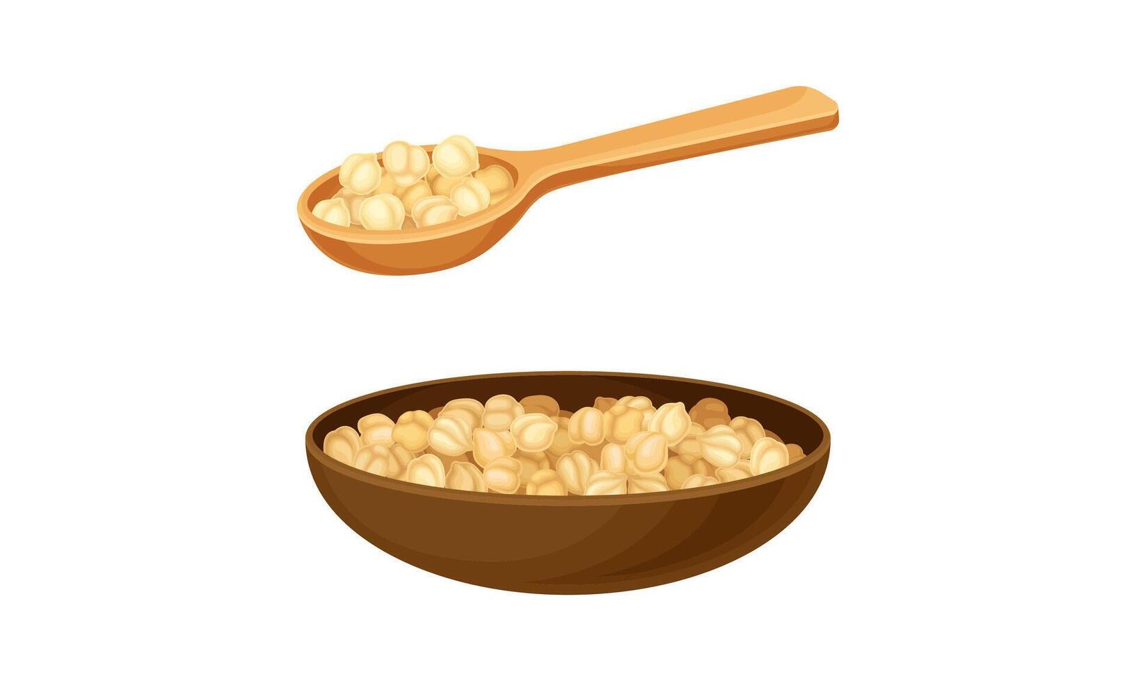 Pile of Raw and Dry Beige Chickpeas Rested in Wooden Bowl and Scoop Set vector