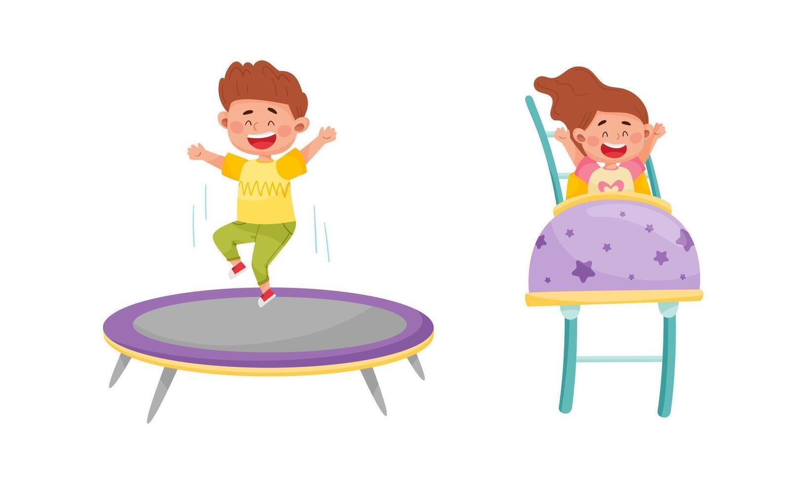 Happy kids having fun in amusement park set. Boy and girl riding rollercoaster and jumping on trampoline cartoon illustration vector