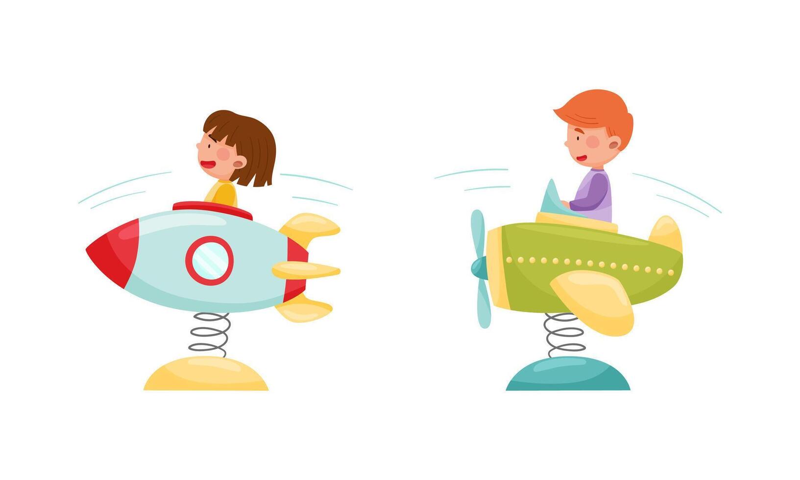 Happy kids having fun in amusement park set. Cute boys riding spring rocket cartoon illustration vector