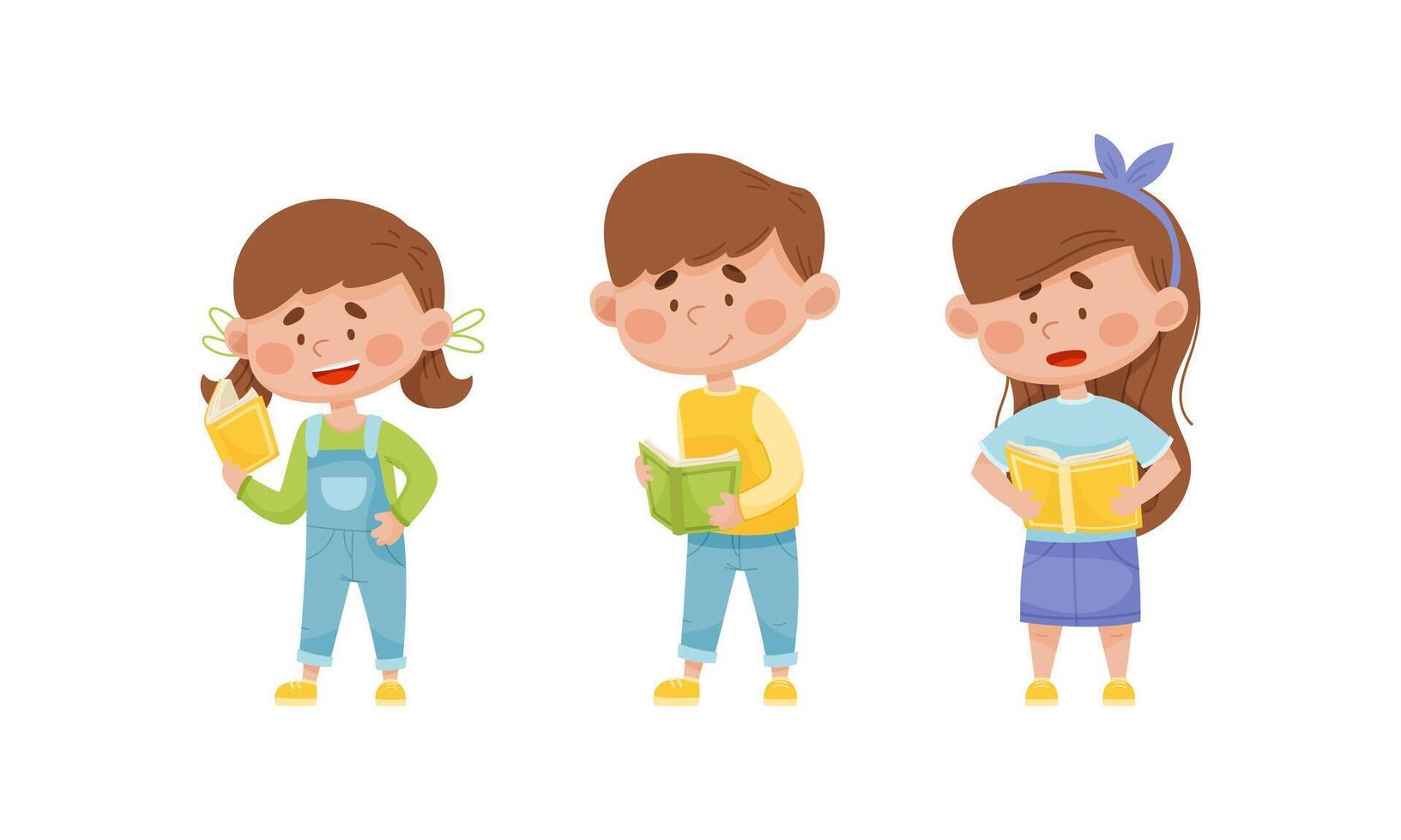 Chidlren reading books set. Elementary school students with books. Kids education cartoon illustration vector