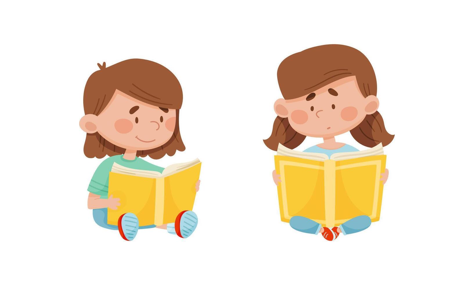 Cute girl reading books set. Elementary school students with books. Kids education cartoon illustration vector