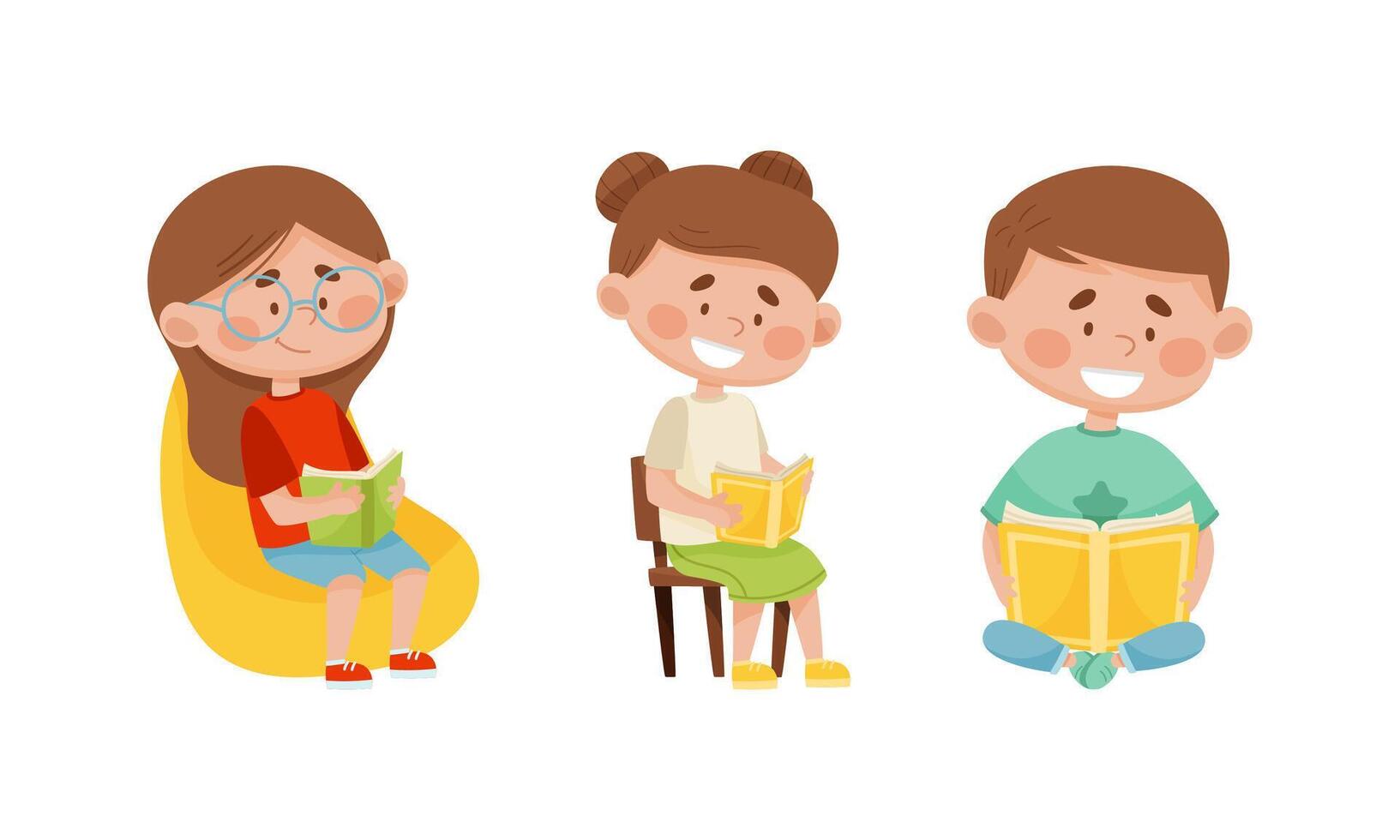 Cute cheerful children reading books set. Elementary school students with books. Kids education cartoon illustration vector