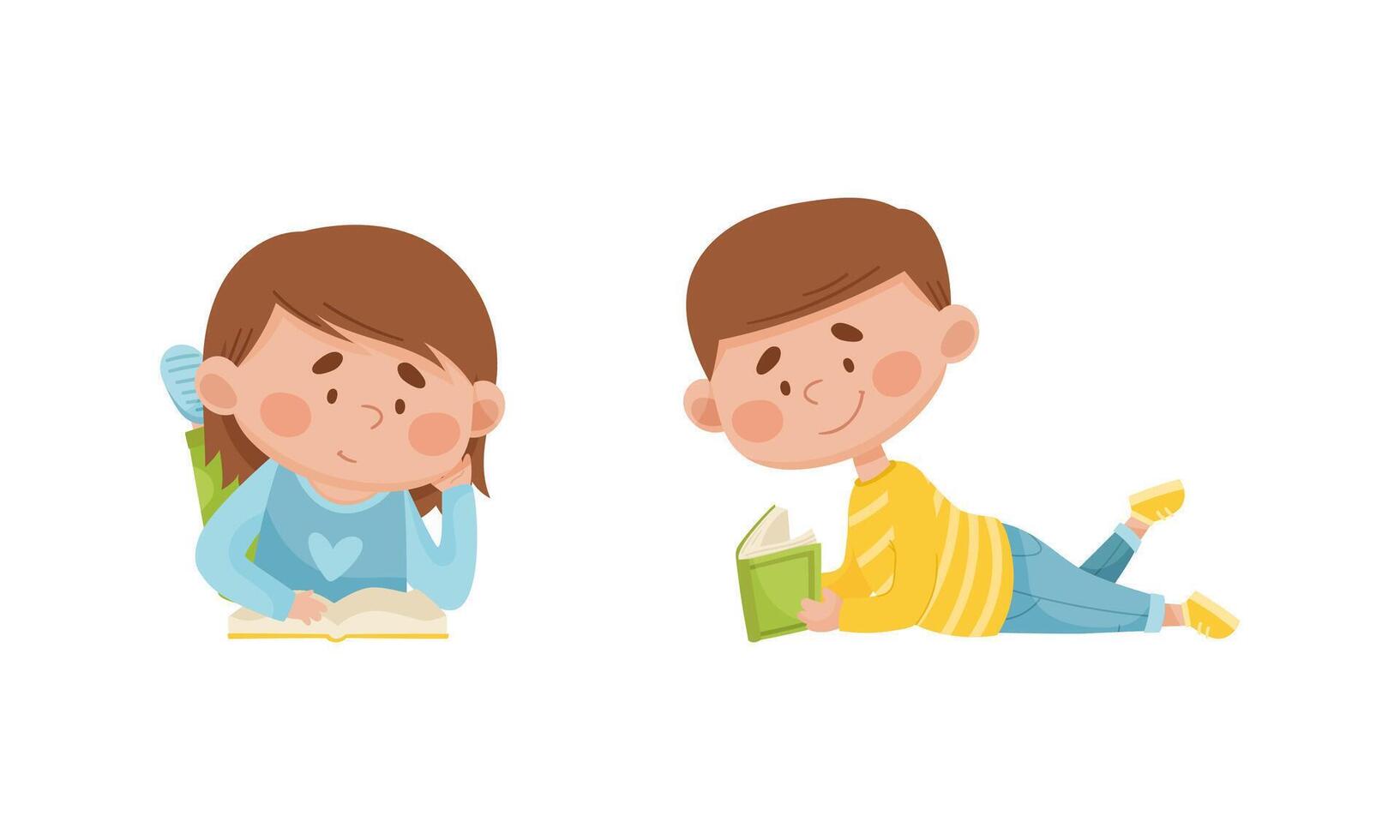 Cute boy and girl lying on floor and reading books set. Elementary school students with books. Kids education cartoon illustration vector