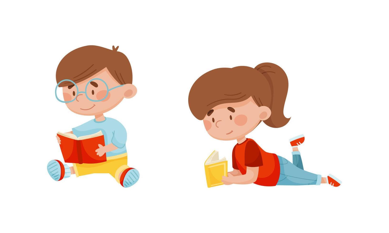Cute smart boy and girl reading book set. Elementary school students with books. Kids education cartoon illustration vector