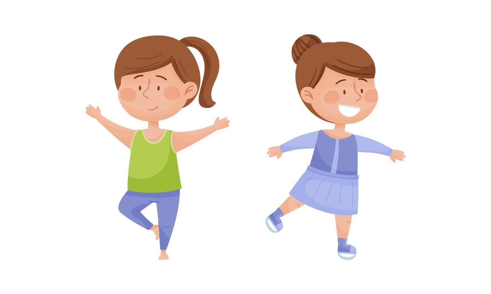 Kids doing sports set. Little girls skating and practicing yoga. Children physical activity cartoon illustration vector