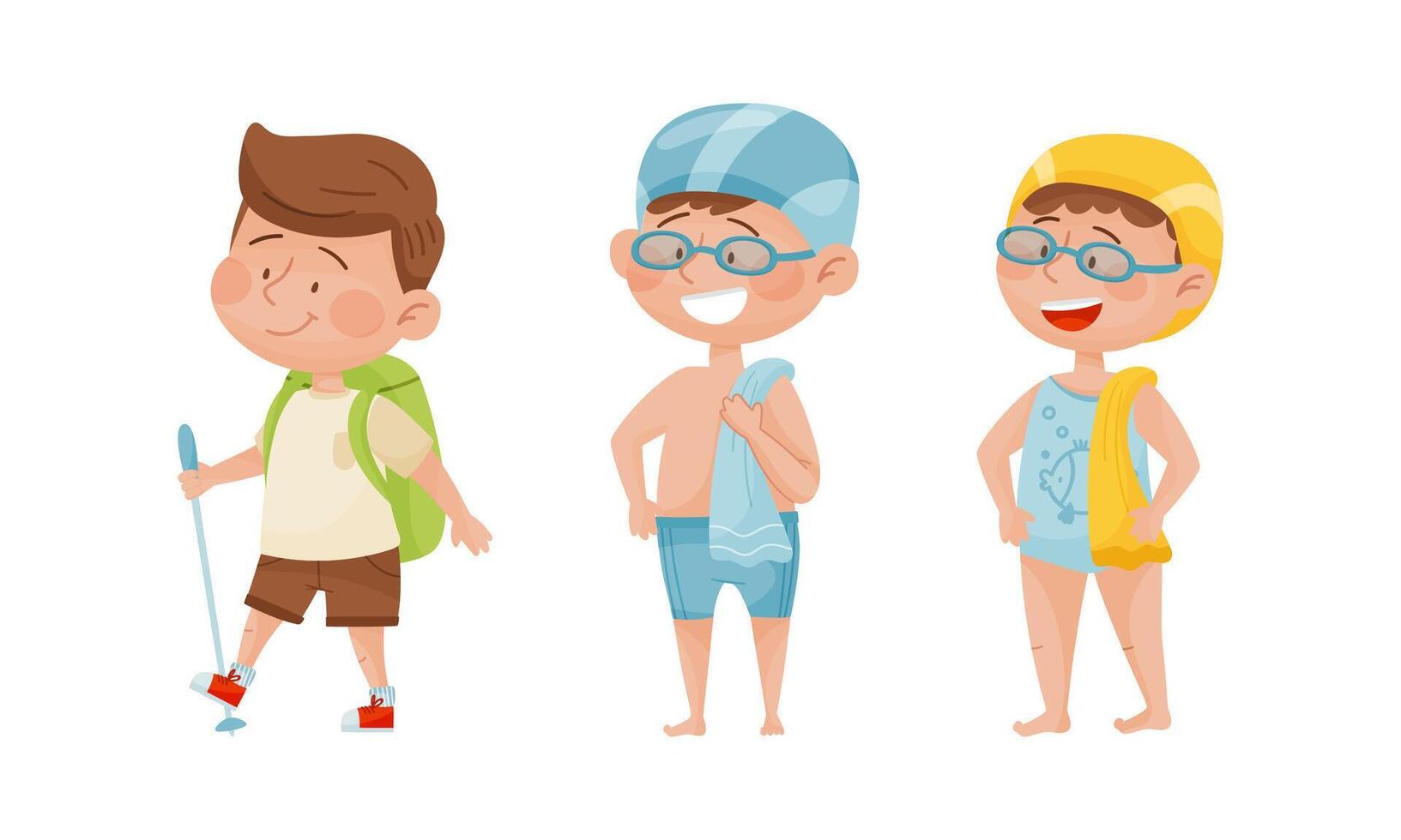 Kids doing sports set. Nordic walking, swimming. Children physical activity cartoon illustration vector