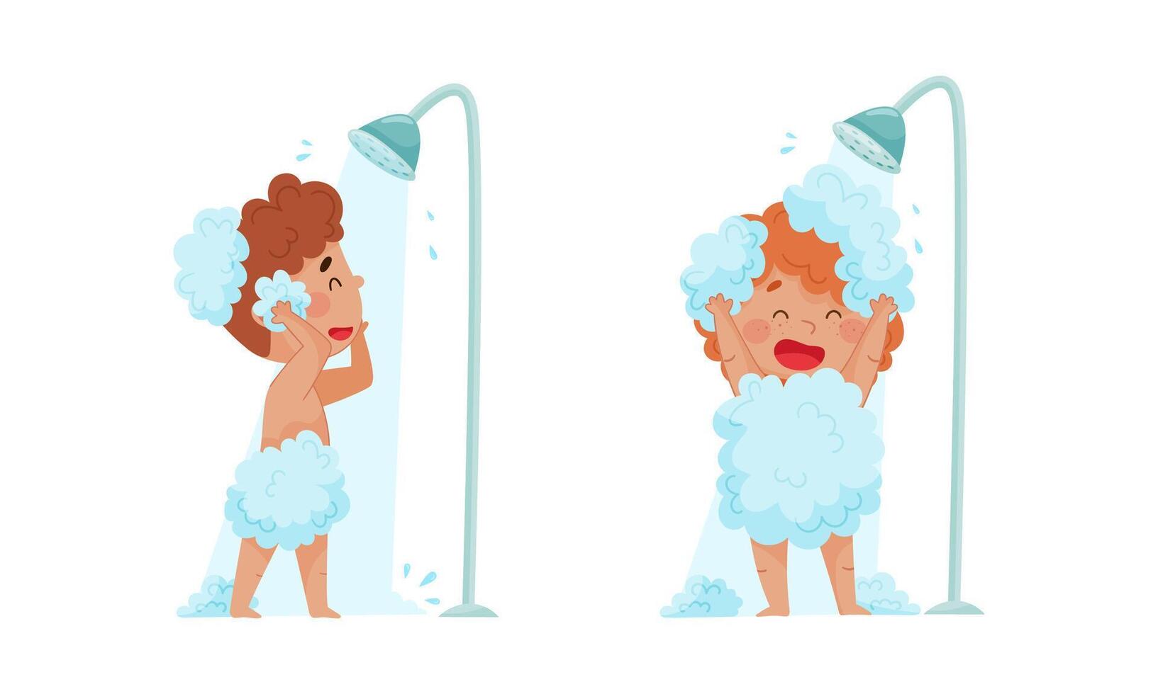 Cute happy kids daily routine set. Little boy and girl taking shower cartoon illustration vector