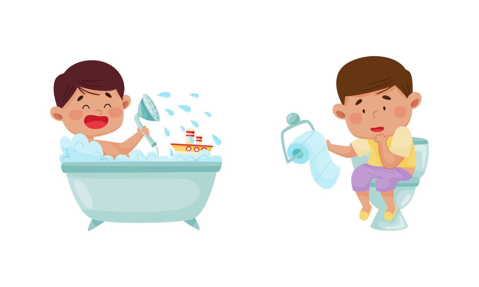 Cute happy kids daily routine set. Little boys taking bath and sitting on toilet cartoon illustration vector