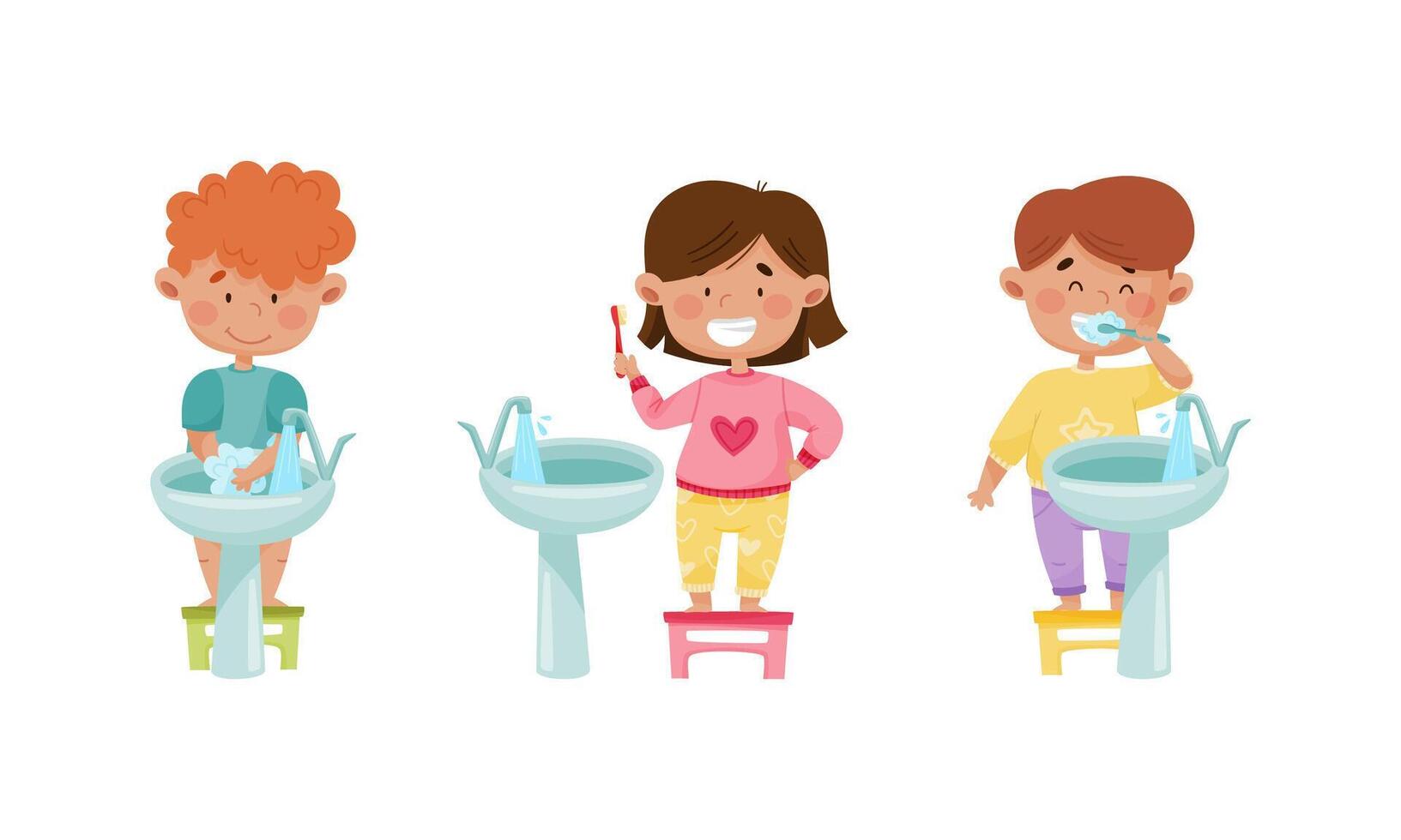 Cute happy kids daily routine set. Children washing their hands with soap and brushing their teeth cartoon illustration vector