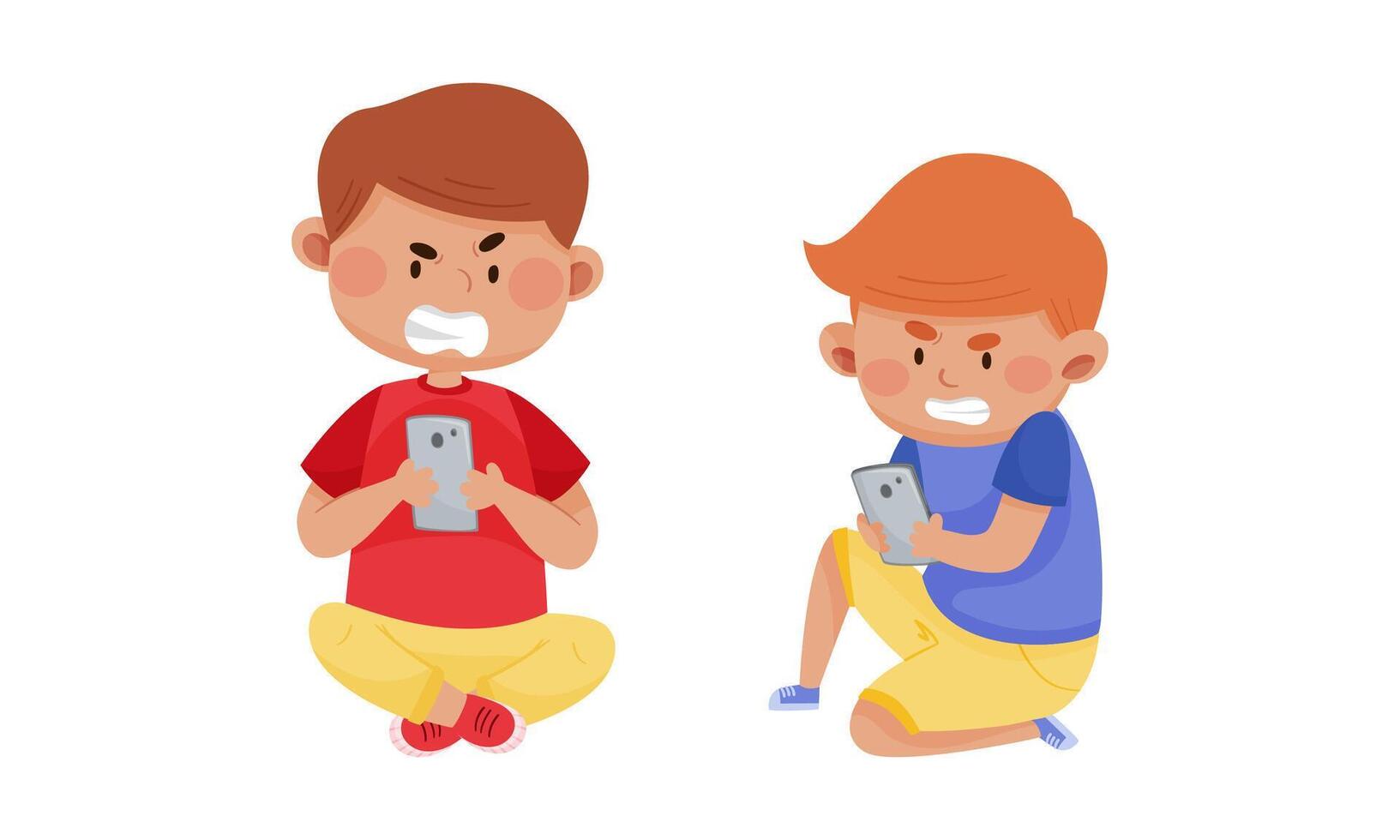 Angry boys using mobile phones. Internet and smartphone addiction cartoon illustration vector