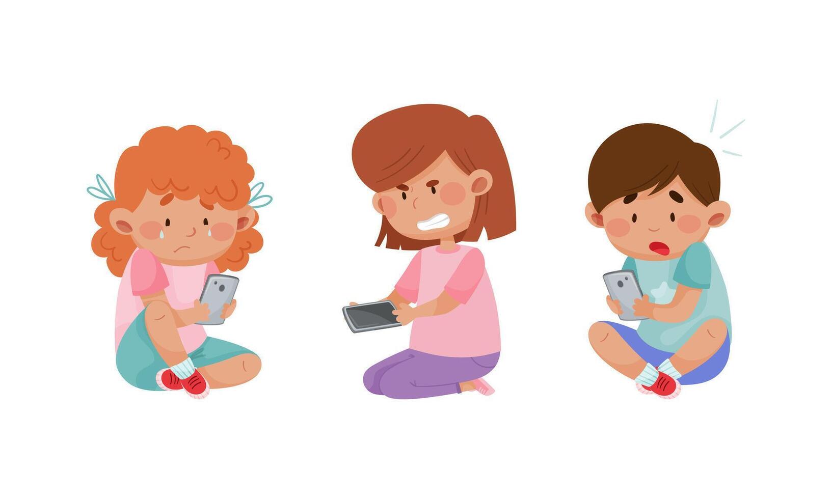 Upset and angry kids using mobile phones. Internet and smartphone addiction, cyberbullying cartoon illustration vector
