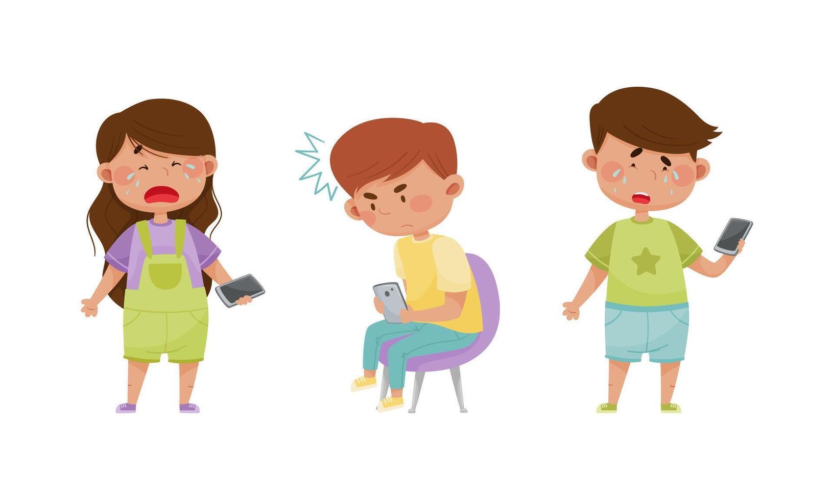 Stressed upset little children using mobile phones. Internet and smartphone addiction, cyberbullying cartoon illustration vector