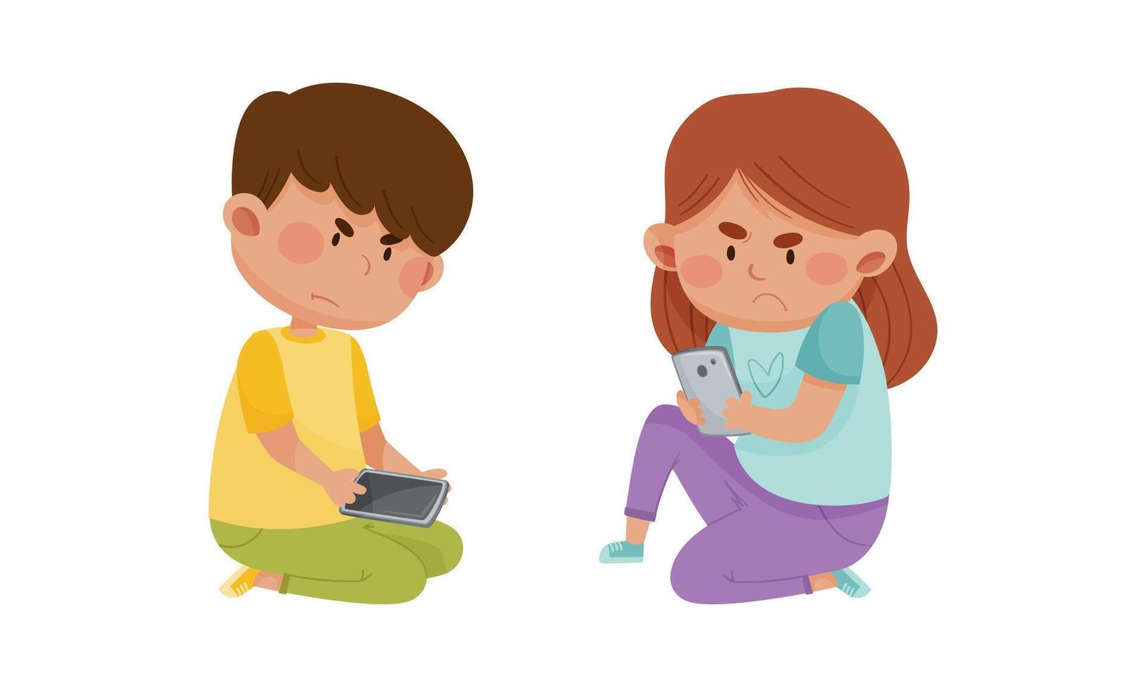 Angry little children using mobile phones. Internet and smartphone addiction cartoon illustration vector