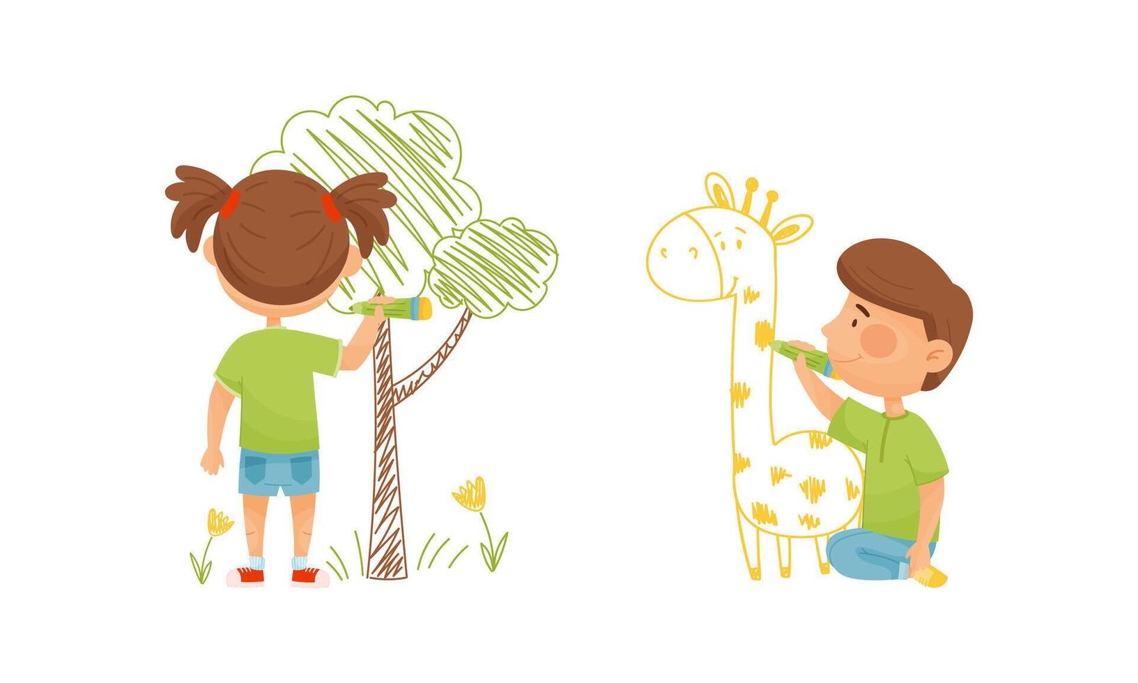 Cute kids painting drawings on wall. Little boy and girl with crayons cartoon illustration vector