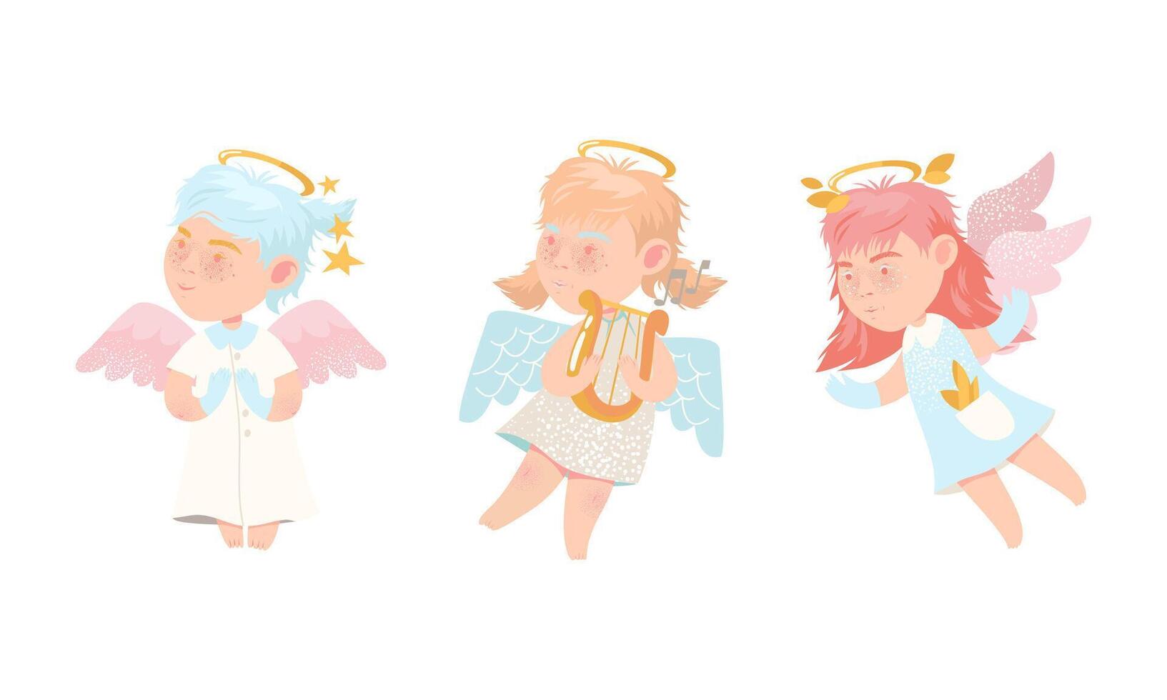 Cute baby angels with wings and halo set. Adorable flying baby cherubs cartoon illustration vector