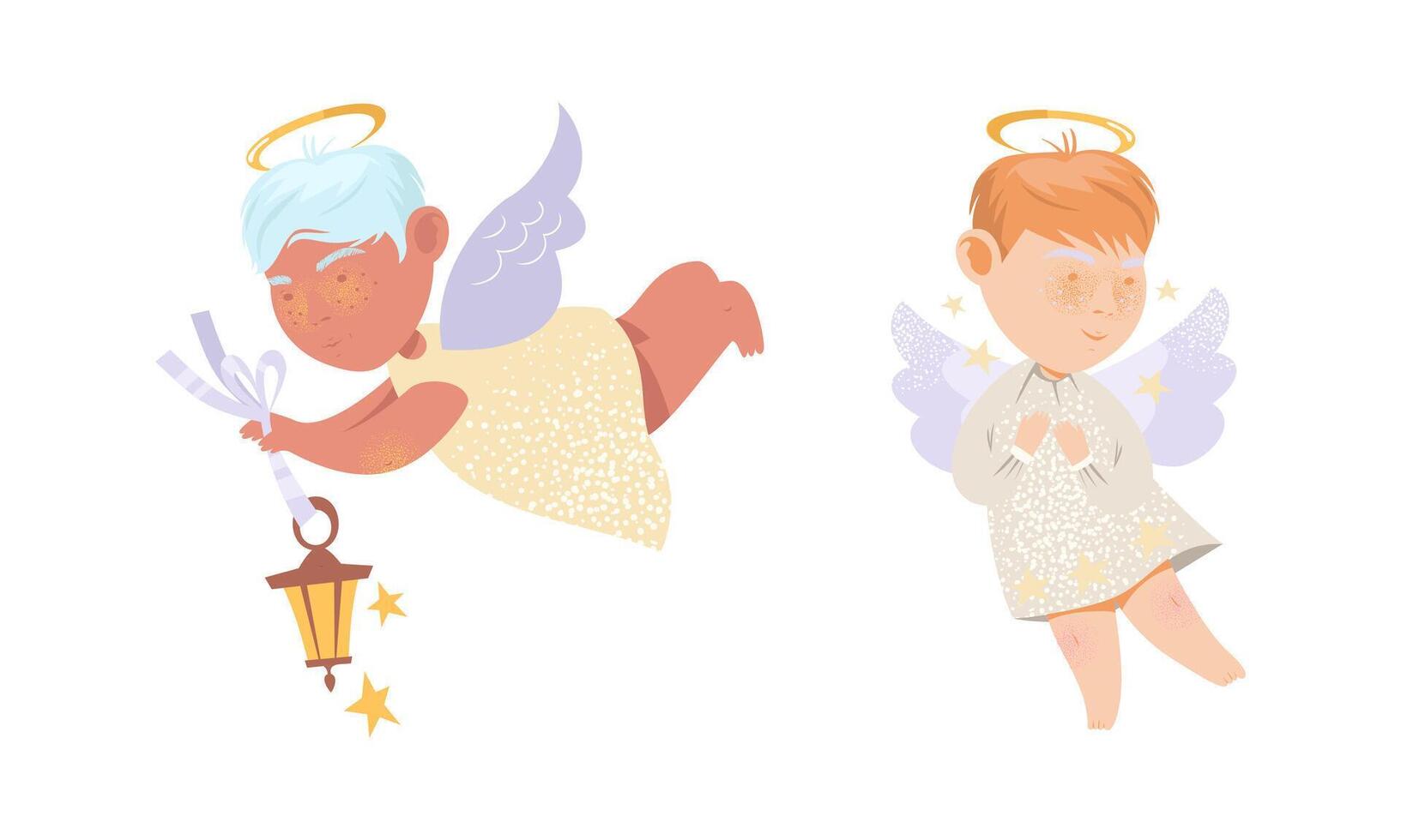 Cute flying baby angels with wings and halo set. Adorable flying baby cherubs cartoon illustration vector