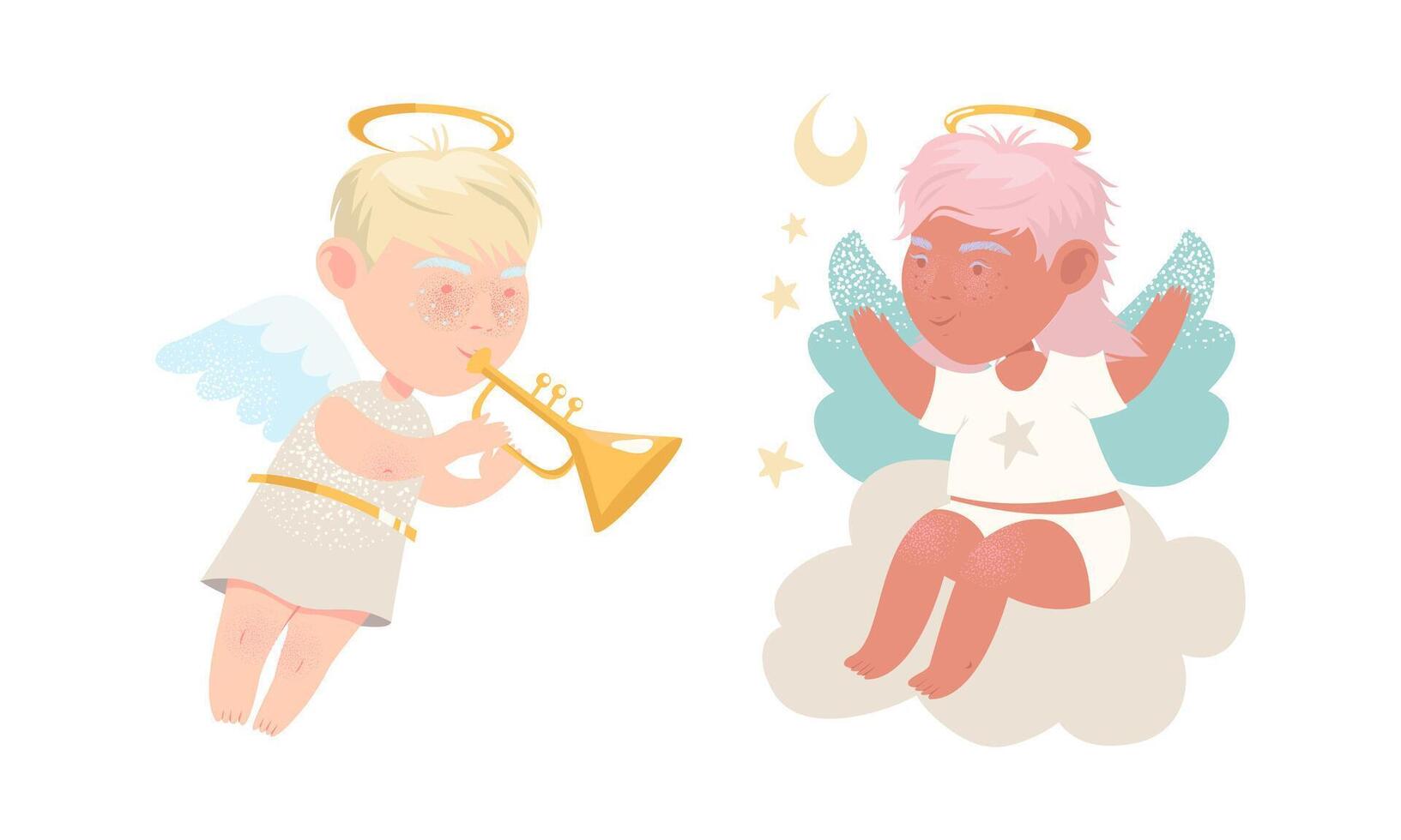 Cute baby angels with wings and halo set. Adorable baby cherubs playing trumpet and sitting on cloud cartoon illustration vector