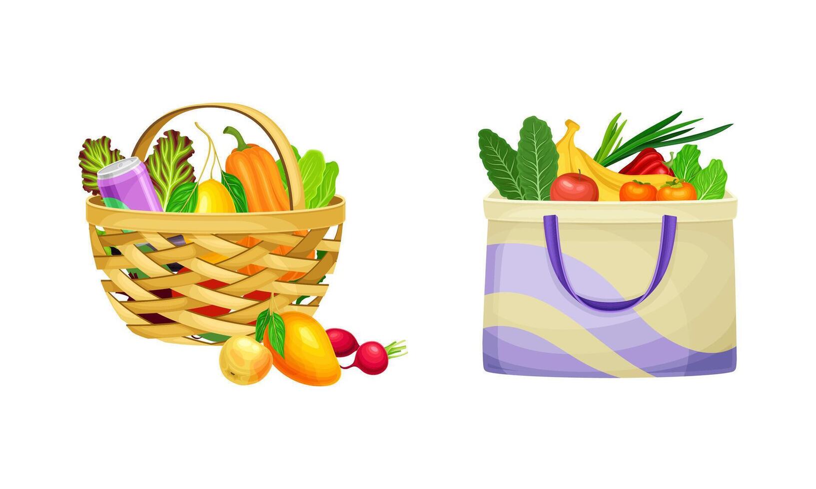 Healthy products in recyclable shopping bags set. Organic vegetarian products in eco friendly packaging illustration vector